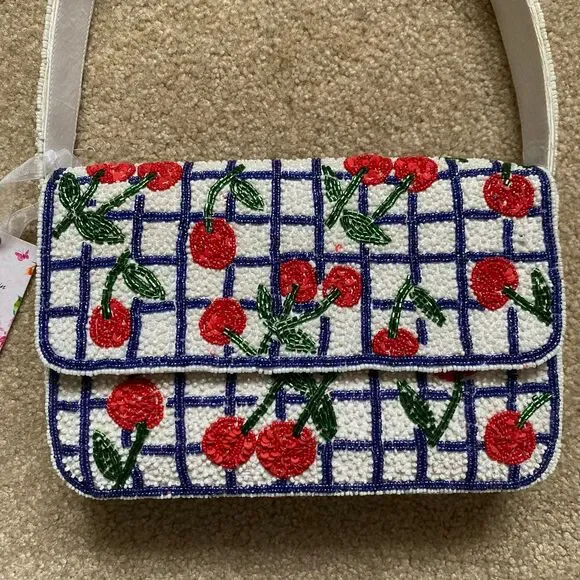 Viral Cherry Beaded Shoulder Bag NWT Navy White Red Green Summer Purse Vacation - Picture 2 of 12